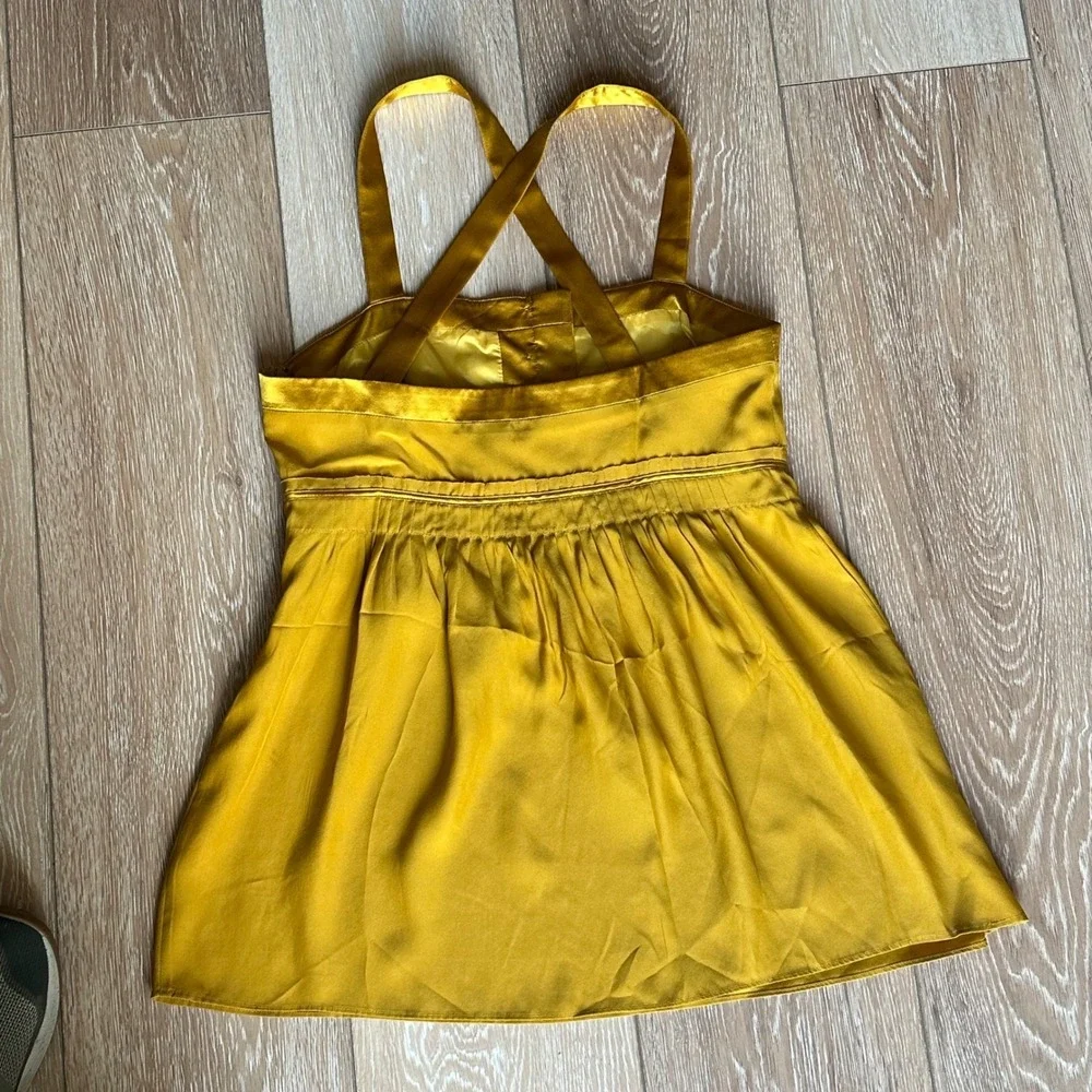 J. Crew Silk Babydoll Y2K Tank Top Gold Size 4‎ Satin Ribbon Strap Cross Back